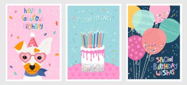 İçinde konfeti, balon, pasta, köpek ve el yazısı olan bir dizi doğum günü kartı. Davetiyeler, mutlu yıllar. Vektör şablonları kart, poster, el ilanı veya pankart için harikadır