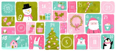 Güzel el çizimi Noel takvimi. Güzel karalama çizimleri, vektör tasarımı