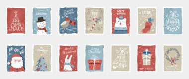 Noel için sevimli el çizimi hediye etiketleri, tipografik tasarımlar ve güzel çizimler - vektör tasarımı