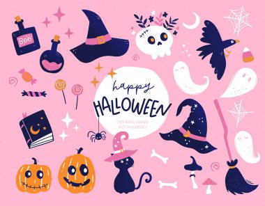 Güzel el çizimi Cadılar Bayramı öğeleri, eğlenceli karalamalar, Cadılar Bayramı afişleri, duvar kağıtları, tekstil, ambalaj - vektör tasarımı için harika.