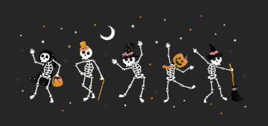 Cadı şapkaları, balkabakları ve diğer süslemeleri olan şirin el çizimi vektör iskeletleri, afişler, duvar kağıtları, tekstil için harika.