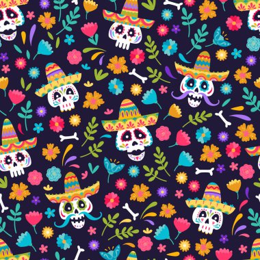 Sevimli el çizimi Ölülerin Günü, pürüzsüz desenler, detaylı sombrerolara ve çiçek dekorasyonuna sahip renkli calaveralar - vektör tasarımı