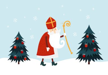 Hoş çizilmiş geleneksel Nikolaus karakteri - davetiyeler, afişler, duvar kağıtları, kartlar - vektör tasarımı için harika