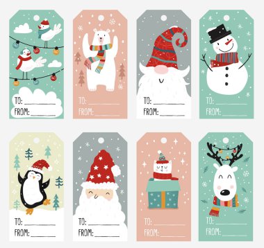 Noel için sevimli el çizimi hediye etiketleri, hoş çizimler - vektör tasarımı