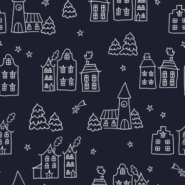 Sevimli el çizimleri kusursuz karalama evleri, yıldızlı ve dekore edilmiş evlerle dolu Noel kasabası, afişler, duvar kağıtları, davetiyeler - vektör tasarımı -