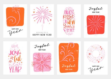 El yazısıyla yeni yıl tebrikleri, hediye etiketleri, afişler, duvar kağıtları, davetiyeler, vektör tasarımı için harika.