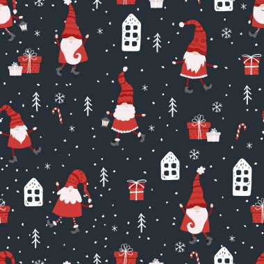 Eğlenceli şapkaları ve botları olan sevimli el yapımı noel cüceleri, tekstil, ambalaj, arka plan - vektör tasarımı