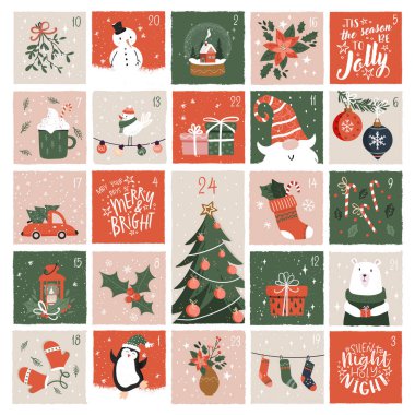 Güzel el çizimi Noel takvimi. Güzel karalama çizimleri, vektör tasarımı