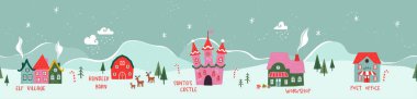 Kuzey Kutbu 'nun elle çizilmiş desenleri Noel Baba' nın şatosunu, ren geyiği ahırlarını, elf köyünü vs. gösteriyor. - Klasik Noel vektör tasarımı