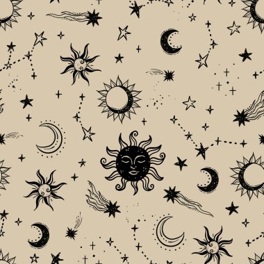 Modaya uygun gökyüzü pürüzsüz desen, zodyak arka plan el çizimi, yıldızlar, ay, uzay, tekstil, duvar kağıtları, yüzeyler - vektör tasarımı -