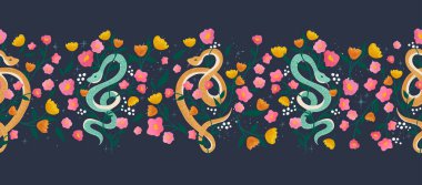 Zarif el yapımı yılanlar ve çiçeksiz desenler, detaylı - kumaşlar, giysiler, duvar kağıtları - vektör