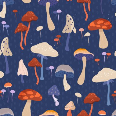 Güzel el mantarları, pürüzsüz desenler, renkli, büyülü arka plan, tekstil, ambalaj, duvar kağıtları - vektör tasarımı