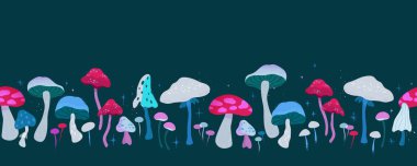 Güzel el mantarları, pürüzsüz desenler, renkli, büyülü arka plan, tekstil, ambalaj, duvar kağıtları - vektör tasarımı