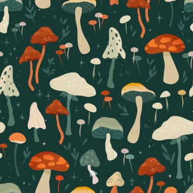 Güzel el mantarları, pürüzsüz desenler, renkli, büyülü arka plan, tekstil, ambalaj, duvar kağıtları - vektör tasarımı