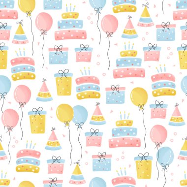 Pastalar, hediye kutuları, balonlar ve parti süslemeleriyle dolu eğlenceli bir el yazısı. Doğum günü partileri, tekstil, pankart, duvar kağıtları, ambalaj - vektör tasarımı için harika