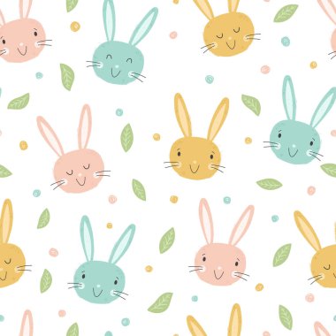 Renkli yumurtalar, sevimli tavşanlar ve çiçeklerle dolu Paskalya konsepti. Kusursuz desen. Tekstil, pankart, duvar kağıtları, ambalaj - vektör tasarımı için harika