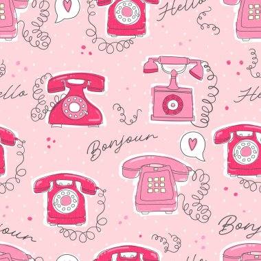 Sevimli el yapımı klasik telefonlar ve dekorasyon karalamaları Sevgililer Günü için harika, romantizm, tekstil, afişler, duvar kağıtları, arka plan