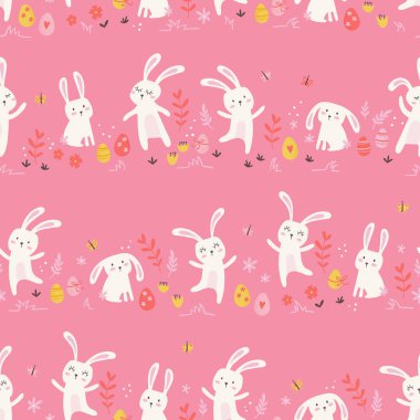 Tavşanlı, çiçekli, Paskalya yumurtalı, güzel arka planlı, Paskalya Kartları, afişler, tekstil, duvar kağıtları için harika bir paskalya deseni çizilmiş.