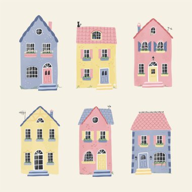 Sevimli el çizimi evler, eğlenceli detayları olan Fransız tarzı evler, rahat bir ortam - vektör tasarımı.