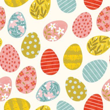 Renkli el çizimi Paskalya yumurtaları pürüzsüz desen, şirin dekoratif tasarım, tekstil için harika, ambalaj kağıdı, kumaş, arka plan, duvar kağıdı - vektör