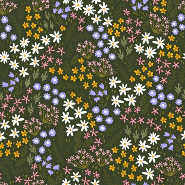 Sevimli el çizimi çiçeksiz desen, renkli çiçekler, güzel arka plan, bahar tasarımları, afişler, tekstil, duvar kağıtları - vektör tasarımı