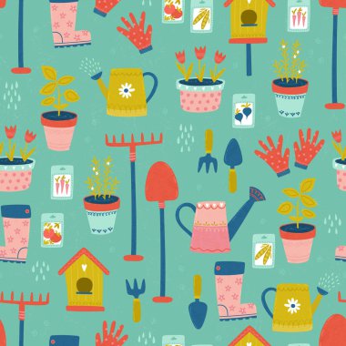 Sevimli el çizimi bahçe aletleri ve ekipmanlar, tekstil, duvar kağıtları, afişler için harika - vektör tasarımı