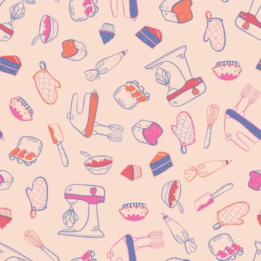 Şirin pişirme vektörü karalamaları kusursuz desen, eğlenceli arkaplan, tekstil, ambalaj, duvar kağıtları - vektör tasarımı