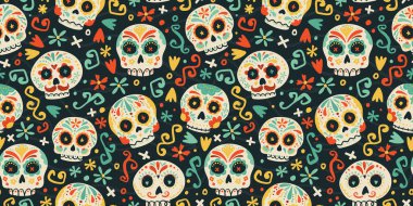 Ölüler günü, Dia de los muertos arkaplan ve kusursuz desen, dekorasyon ve çiçeklerle çizilmiş el, tekstil, pankart, duvar kağıtları, ambalaj - vektör tasarımı