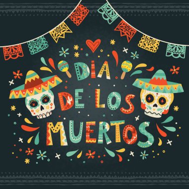 Ölüler Günü, Dia de los muertos tasarımı, dekorasyon ve çiçeklerle çizilmiş el, afişler, duvar kağıtları, kartlar - vektör tasarımı -