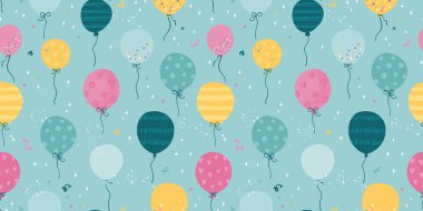 Eğlenceli el çizimi, eğlence balonları olan kusursuz bir parti tasarımı. Doğum günü partileri, tekstil, pankart, duvar kağıtları, ambalaj - vektör tasarımı için harika