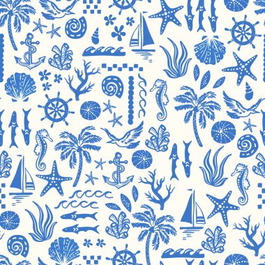 Eğlenceli el çizimi yaz elementleri kusursuz desen, tekstil, duvar kağıtları, ambalaj - vektör tasarımı