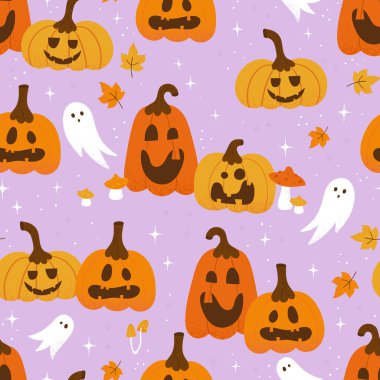 Tatlı el çizimi Cadılar Bayramı balkabaklarıyla kusursuz desen, tekstil, yüzey, pankart ve duvar kağıtları için harika