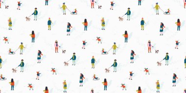 Karlar içinde mutlu insanlar, kusursuz desenler, karlı bir arazide yürüyen sevimli karakterli el çizimleri, tekstil, ambalaj, pankart, duvar kağıtları - vektör