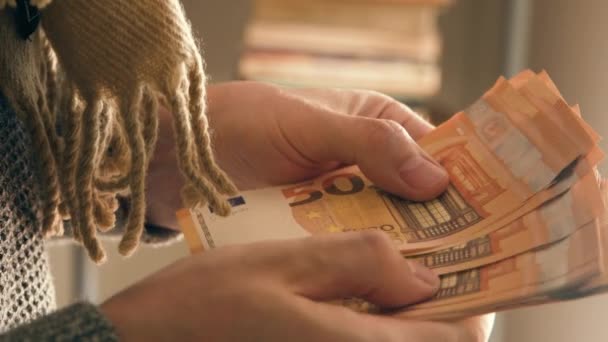 Counting Euros Wearing Scarf Home Cold Apartment — Stock videók