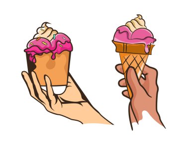 Waffle külahında minimalist dondurma kalıbı. Dondurma vektör simgesi. Etiket ve t-shirt tasarımı için el çizimi biçim illüstrasyonu. 