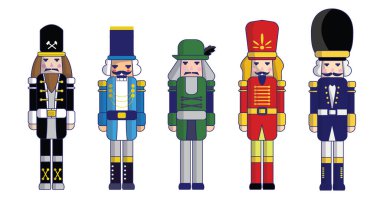 Beyaz arka planda izole edilmiş şirin noel fındıkkıranı geleneksel oyuncak heykelciği.