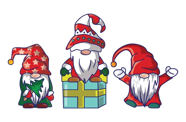 Bundle Merry Christmas Cute Gnomes Santa Claus Costume Cartoon Illustration - Stok Vektor