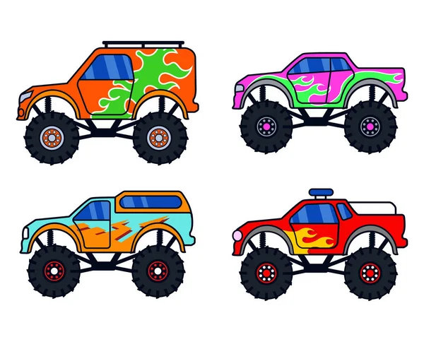 Kolekcja Monster Trucka Ciężka Konstrukcja Pojazdu Nadaje Się Naklejki Shirt — Wektor stockowy