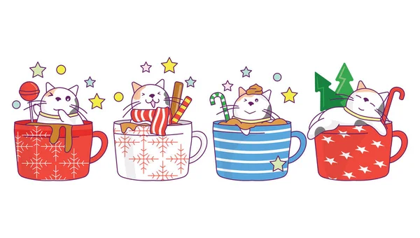 Collection Cute Cat Christmas Drink Cup Coffee Tea Doodle Cartoon 벡터 그래픽