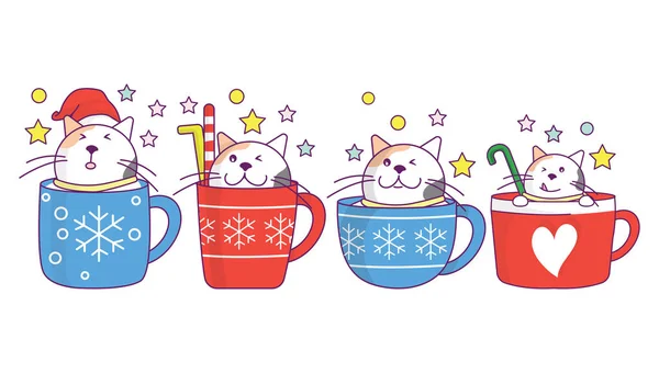 Koleksi Kucing Lucu Dalam Cangkir Minuman Natal Kopi Atau Teh Stok Ilustrasi 