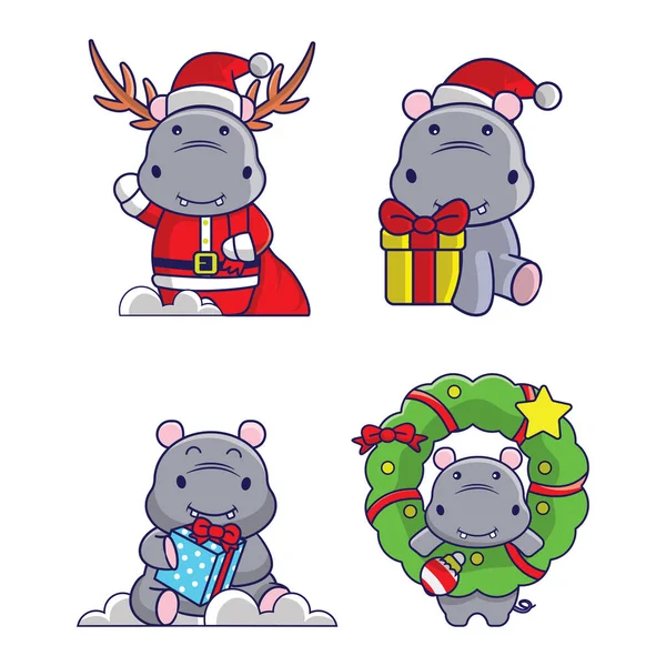 Noel Kostümü Hediye Giymiş Komik Hippo Stok Vektör