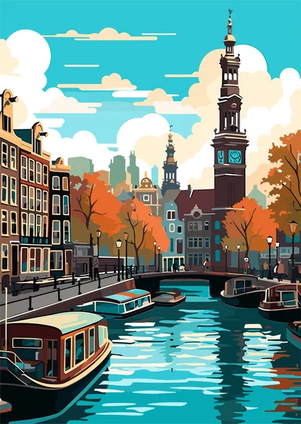 アムステルダムの旅行先オランダヴィンテージプリント イラストの休日の概念 — ストックベクタ