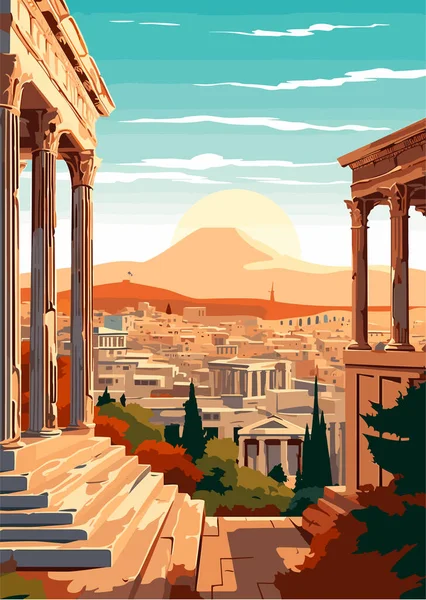 Travel Destination Athens Greece Vintage Print Holidays Concept Illustration — Stock Vector