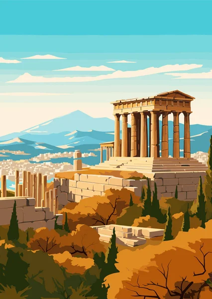 Путешествие Афины Греция Винтажная Печать Праздничная Концепция Иллюстрации — стоковый вектор