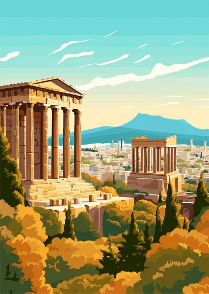 Travel Destination Athens Grecia Vintage Print Vacaciones Concepto Ilustración — Archivo Imágenes Vectoriales