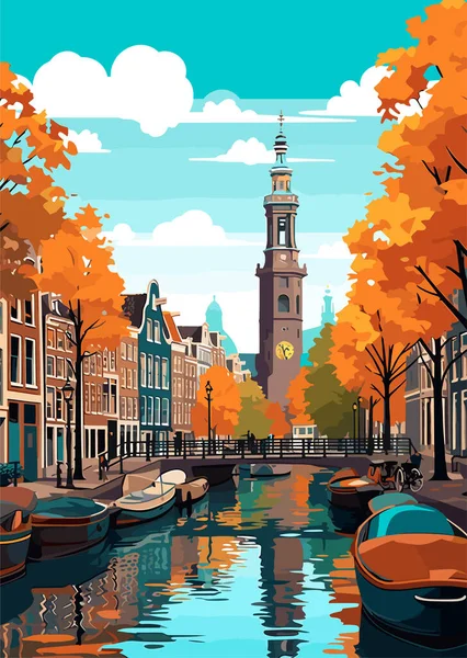 阿姆斯特丹旅游目的地荷兰复古印刷品 假日概念说明 — 图库矢量图片