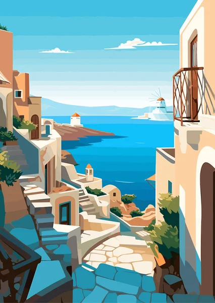 Travel Destination Santorini Greece Vintage Print Holidays Concept Illustration — Stock Vector
