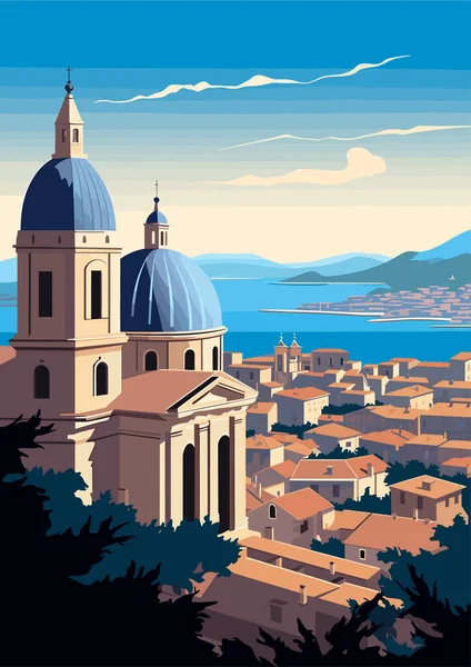 Dubrovnik Hırvatistan Seyahat Varış Yeri Vintage Baskısı Tatil Illüstrasyon Kavramı — Stok Vektör