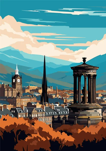 苏格兰爱丁堡旅游目的地的老式印刷品 假日概念说明 — 图库矢量图片