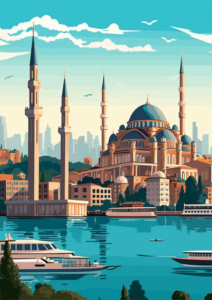 土耳其伊斯坦布尔旅游目的地老式印刷品 假日概念说明 — 图库矢量图片
